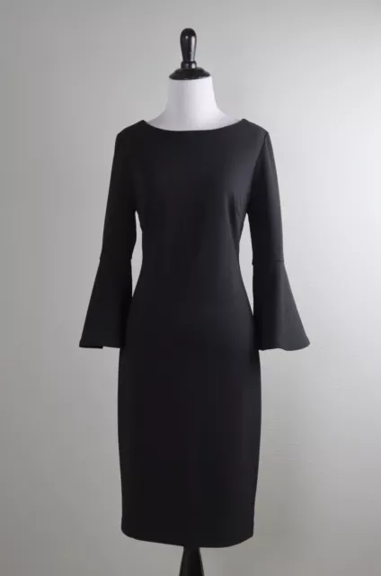 CALVIN KLEIN $129 Solid Black Crepe Stretch Bell Sleeve Sheath Dress Size 6