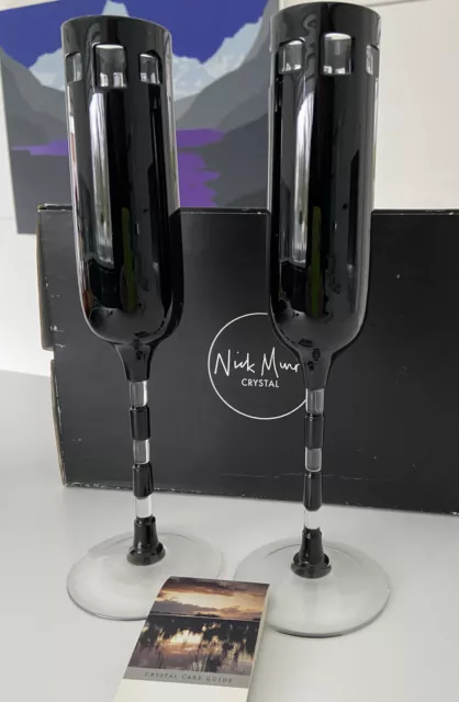 NICK MUNRO - Tyrone Crystal - Pair of 'Eclipse Squares' Black Flutes - Boxed