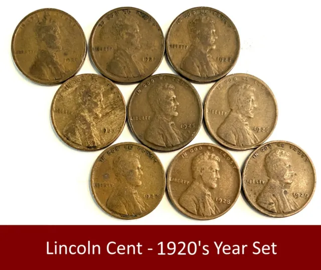 Lincoln Cent 1920's Year Set ~ 1920,1921,1923,1924,1925,1926,1927,1928,1929