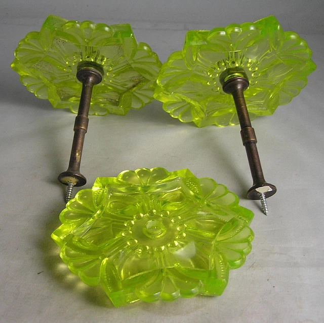 2~Vintage Yellow Vaseline Glass Curtain Tie Backs Plus EXTRA  Glass 4 1/2" x 4" 2