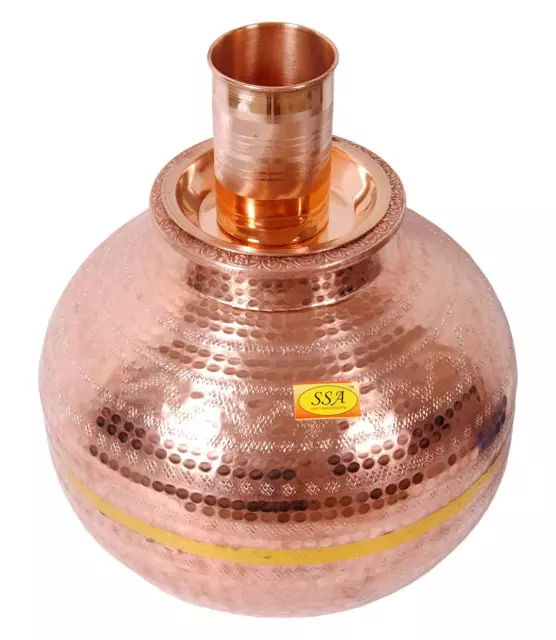 Puro Cobre Matka Agua Dispensador Contenedor Olla Con 1 Vidrio Vaso, 12 Litros