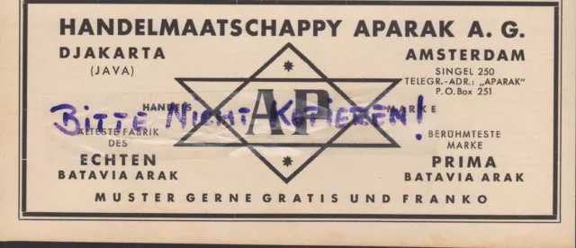 AMSTERDAM, Werbung 1954, Handelmaatschappy Aparak AG Batavia-Arak