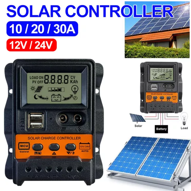 Controlador de carga de batería de panel solar 10/2030A 12V/24V USB LCD regulador automático