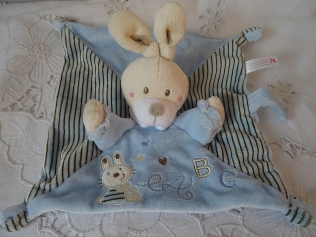 Doudou Carre Lapin Nicotoy Bleu  Et Bleu Raye Marron Brode Abc   Coeurs Et Lapin 2