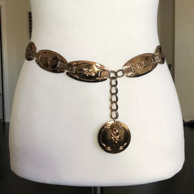 Vintage Concho Chain Belt XS S Stamped Metal Copper Rose Gold Adjustable