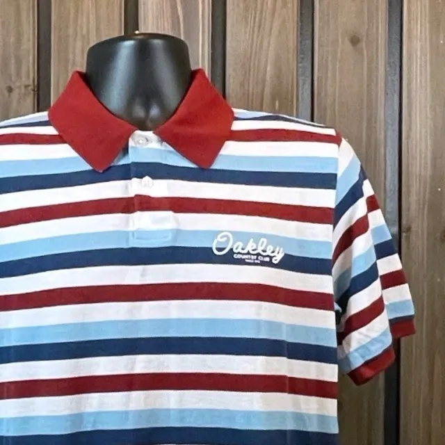 Oakley Country Club Red White & Blue Embroidered Striped Polo Shirt Size Medium