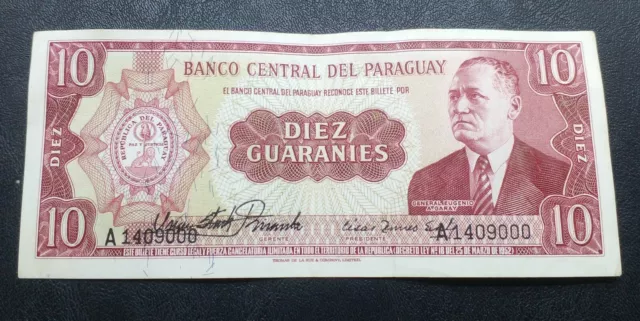 Banknote Paraguay 10 Guaraníes 1952.