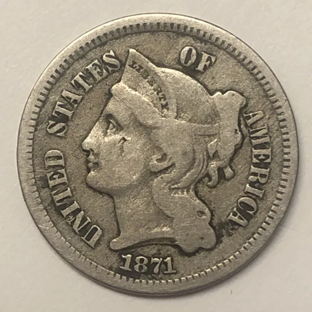 1871 Three Cent Nickel. Type Coin.