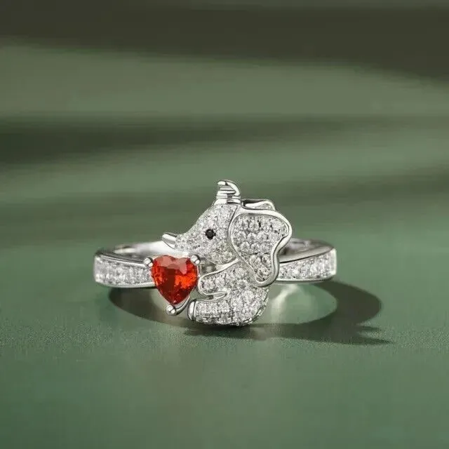 Hug Me Elephant Women's Ring 2Ct Heart Lab Created Garnet 14K White Gold Plated