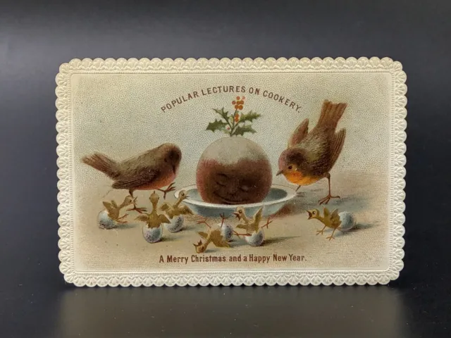 Birds, chicks & Christmas pudding Victorian Greetings card c1870 Charles Goodall
