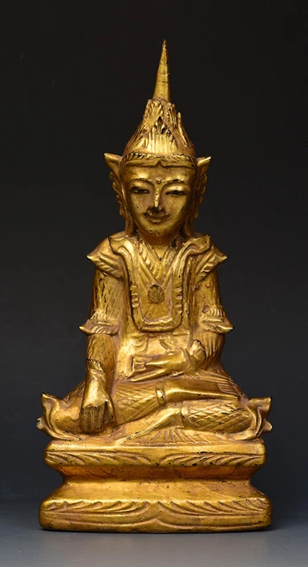 19th Century, Mandalay, Antique Burmese Wooden Seated Crowned Buddha