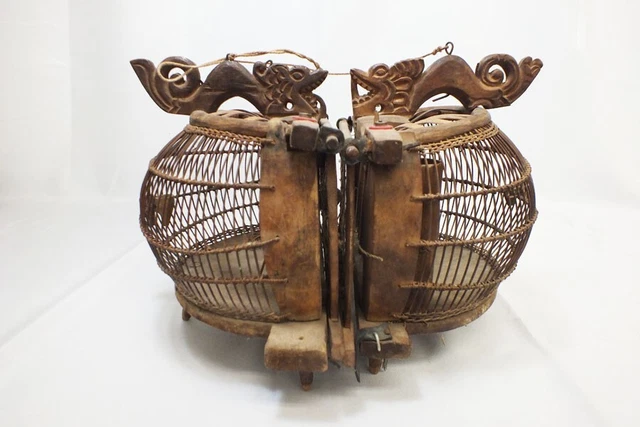 Antique Lombok Indonesian Mating Double Birdcage Bird Bells Hand Carved Wood