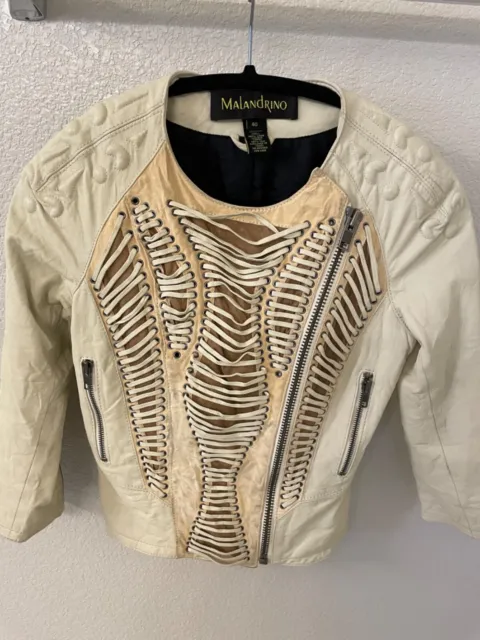 Catherine Malandrino 100% Crushed  Lamb Leather Moto jacket in cream sz 4/6 $750