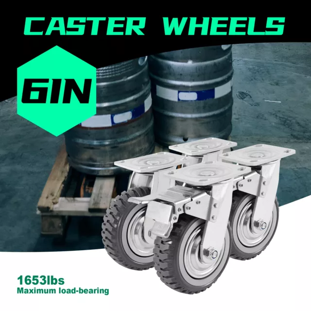 4 Pack 6 Inch Caster Wheels Swivel Plate Polyurethane Wheels Heavy Duty Wheels