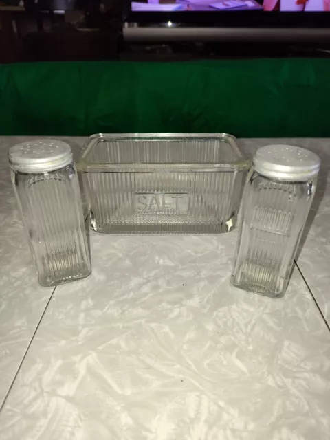 Vintage Ribbed Hoosier Clear Glass Salt Box And Shaker Set Metal Lids Antique Vt