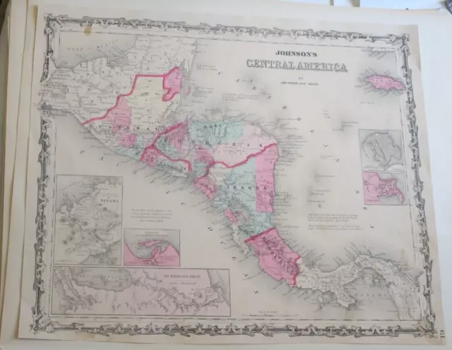 ORIGINAL Johnsons c. 1861 HAND-COLORED Atlas Map, CENTRAL AMERICA, & INSET MAPS