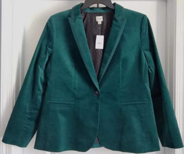 NWT Sz 16 Women's JCrew Factory Forest Green Piped 1-Button Velvet Blazer