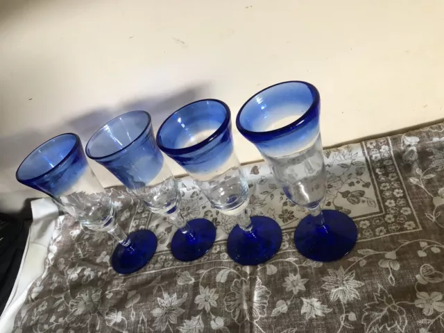 Mexican Hand Blown Cobalt Blue Rim & Base  x  4 Water Wine Goblets