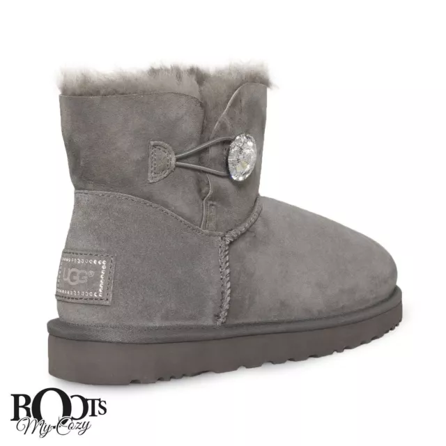 Ugg Mini Bailey Button Bling Grey Swarovski Crystal Boots Size Us 6/Uk 4.5 New 3