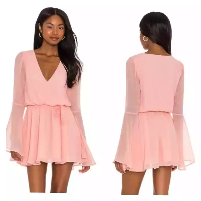 Lovers + Friends Lila Belted Bell Sleeve Boho Chiffon Mini Dress M Pink NWT