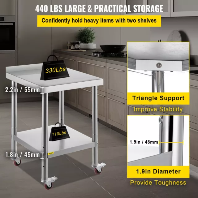 VEVOR 24x24in Stainless Steel Kitchen Work Prep Table w/ Backsplash & Casters 3