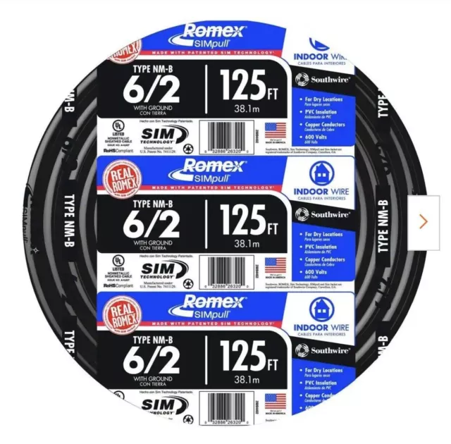 NEW SOUTHWIRE 6/2  125 FT  Stranded Romex Simpull CU NM-B W/G Wire QIK SHIP