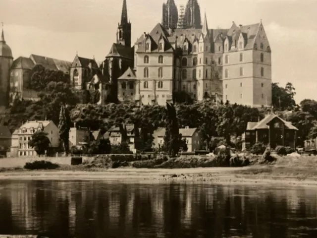 Vintage Postkarte Die Albrechtsburg zu Meißen, Blick über die Elbe, dahinter Dom 3