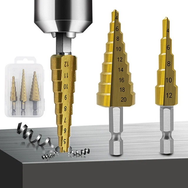 3Pcs HSS Straight Groove Step Drill Bit Titanium Coated Wood Metal Hole Cu-wf