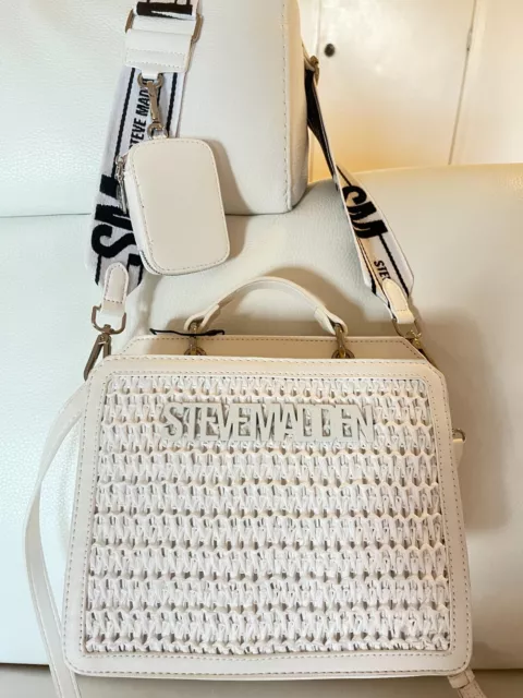 Nwt Steve Madden Bevelyn Straw Satchel Crossbody Bag W Air Pod Case White