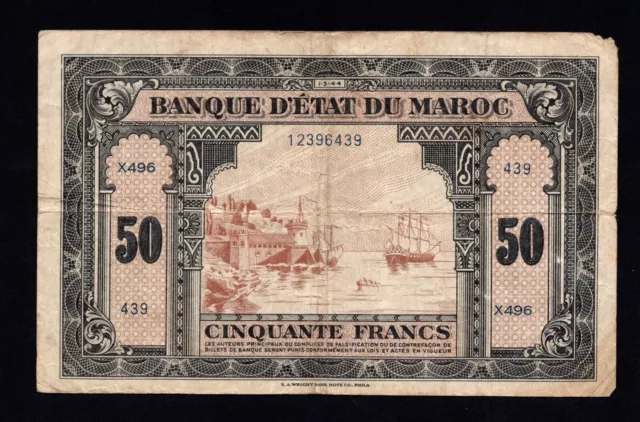 Morocco:P-26a,50 Francs,1943 * Les Oudaias Fortress * F+ * NR ! *
