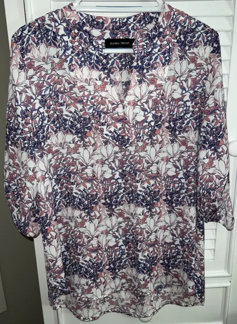 Ivanka Trump pink and blue floral print woven chiffon v-neck blouse Size Medium