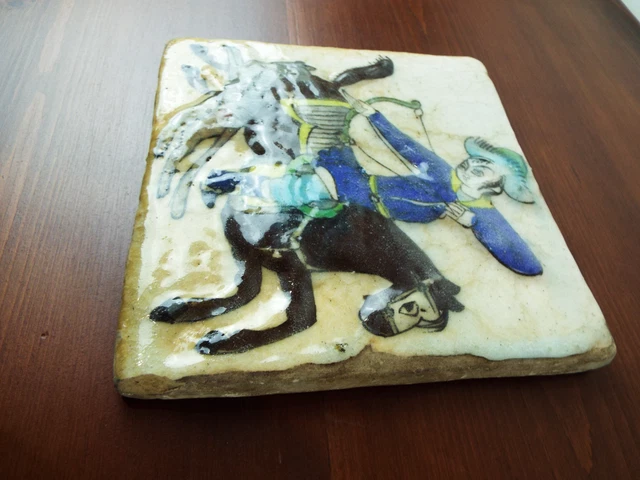 Antique Persian Glazed Tile Mounted Archer Hunting Style Qajar Tiger Islamic Art 7