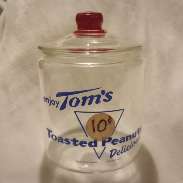 LARGE 1950s TOM's Toasted Peanuts Store Display Jar +Lid Glass Delicious roasted