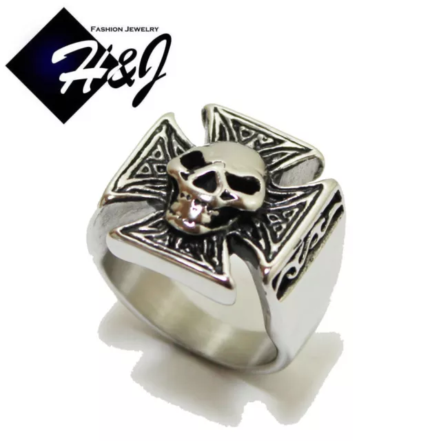 BIKER MEN's Stainless Steel Silver Black Plated Skull Face Cross Ring Size 8-13