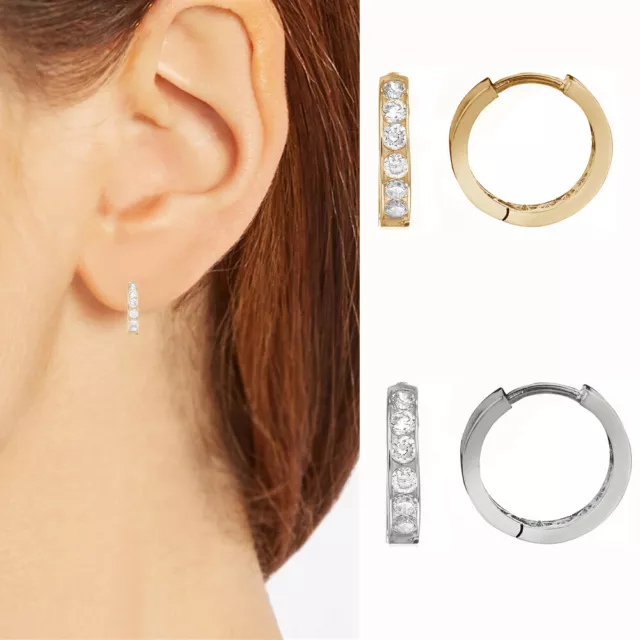 10K Solid Gold CZ Huggie Hoop Earrings 12mm Small Hoops (Yellow or White)