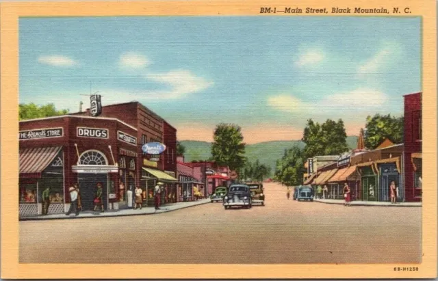 1940s BLACK MOUNTAIN, North Carolina Postcard "Main Street" Downtown Scene Linen