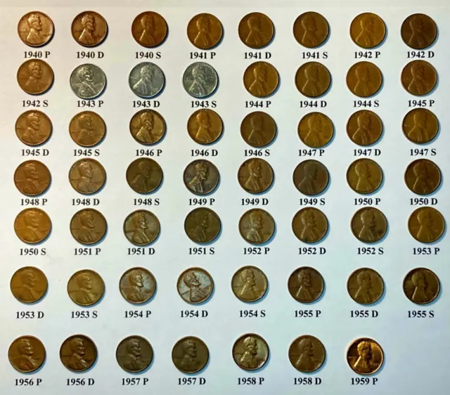 1940 - 1958 PDS Complete Set 54 Coins PLUS Bonus Coin 1959 P BU Total 55 Coins