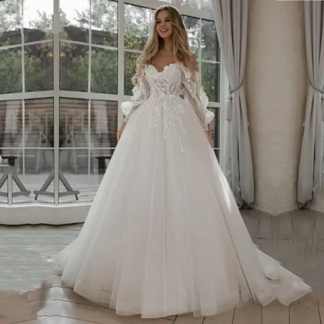 Long Bridal Wedding Dress White A-Line Lace Embroidery off Shoulder Puff Sleeves