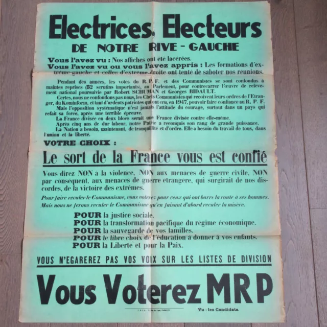 Affiche Ancienne 1950 M.r.p Mouvement Républicain Populaire Election Rive Gauche
