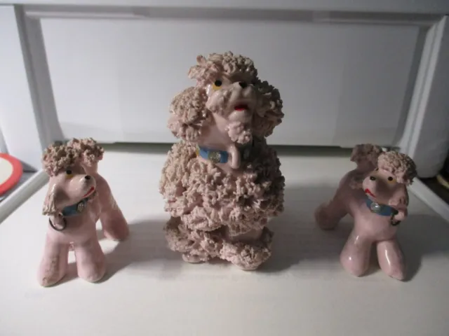 Vtg Pink Spaghetti Poodle Mother With 2 Babies/Puppies Rhinestone Collars EUC