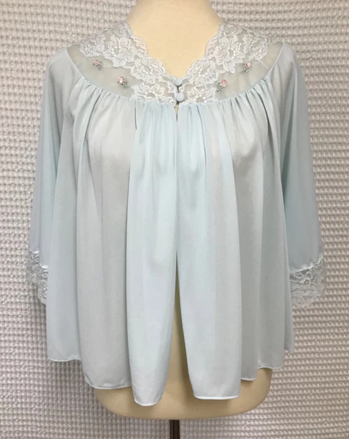 Vintage Shadowline XL Blue Nylon Lace Short Bed Jacket Lingerie USA Retro Pin Up
