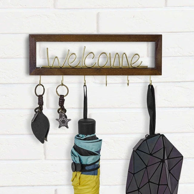 Wall Mounted Burnt Wood Framed Brass Metal Wire Entryway Welcome Sign Key Holder