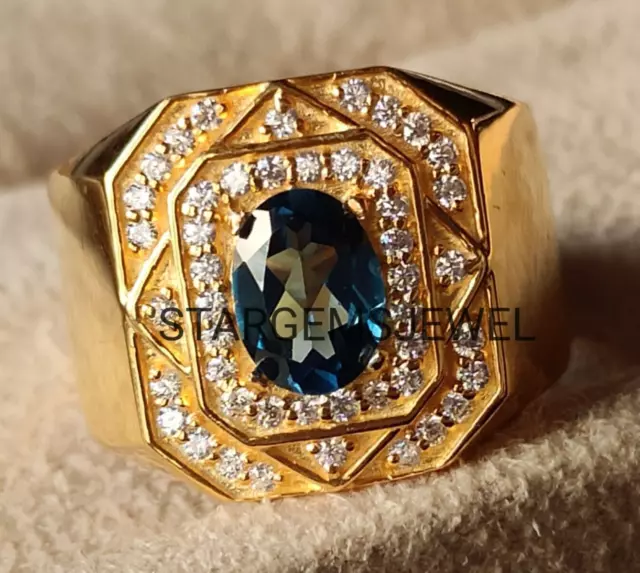 14K Solid Yellow Gold Natural Blue Topaz Men Ring, Mens Jewelry, Hand Made Ring.