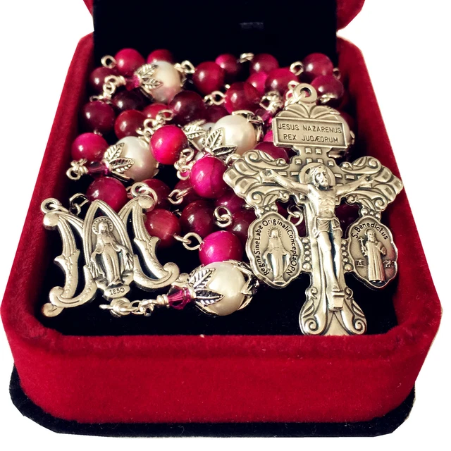 Red Tiger Eye Beads Sterling Silver & Real Pearl Rosary Cross Necklace Catholic