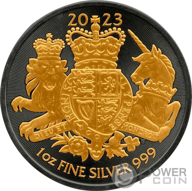 ROYAL ARMS Gold Black Empire 1 Oz Silver Coin 2 Pounds United Kingdom 2023