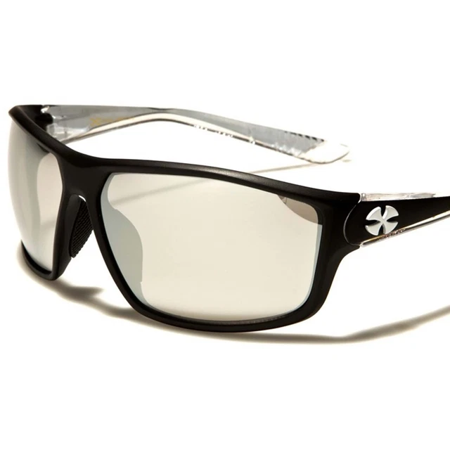 Riding Cycling Rectangle Black Frame Chrome Mirrored Lens Wrap Sport Sunglasses