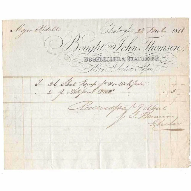 1828 Billhead, John Thomson & Co, Booksellers, Andrew Square EDINBURGH