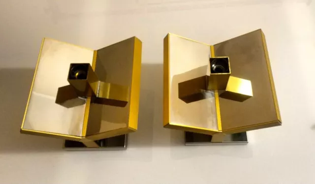 Gaetano Sciolari Pair Sconces Brass And   Mirrored  Crhome 1960.Space Age Era