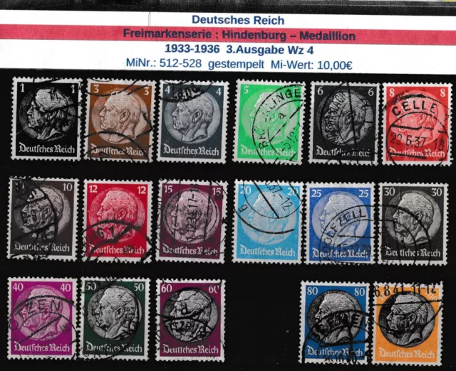 Deutsches Reich 1933 MiNr: 512-528 Gestempelter Satz Hindenburg 3.Ausgabe WZ 4