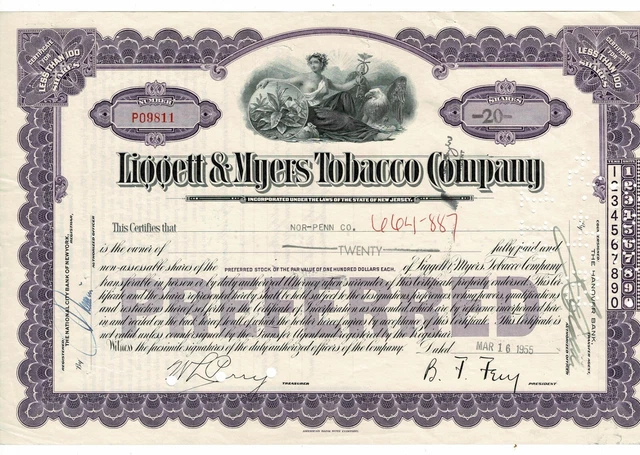 Liqqet & Myers Tobacco Company - 1955 - Certificate 20 Shares